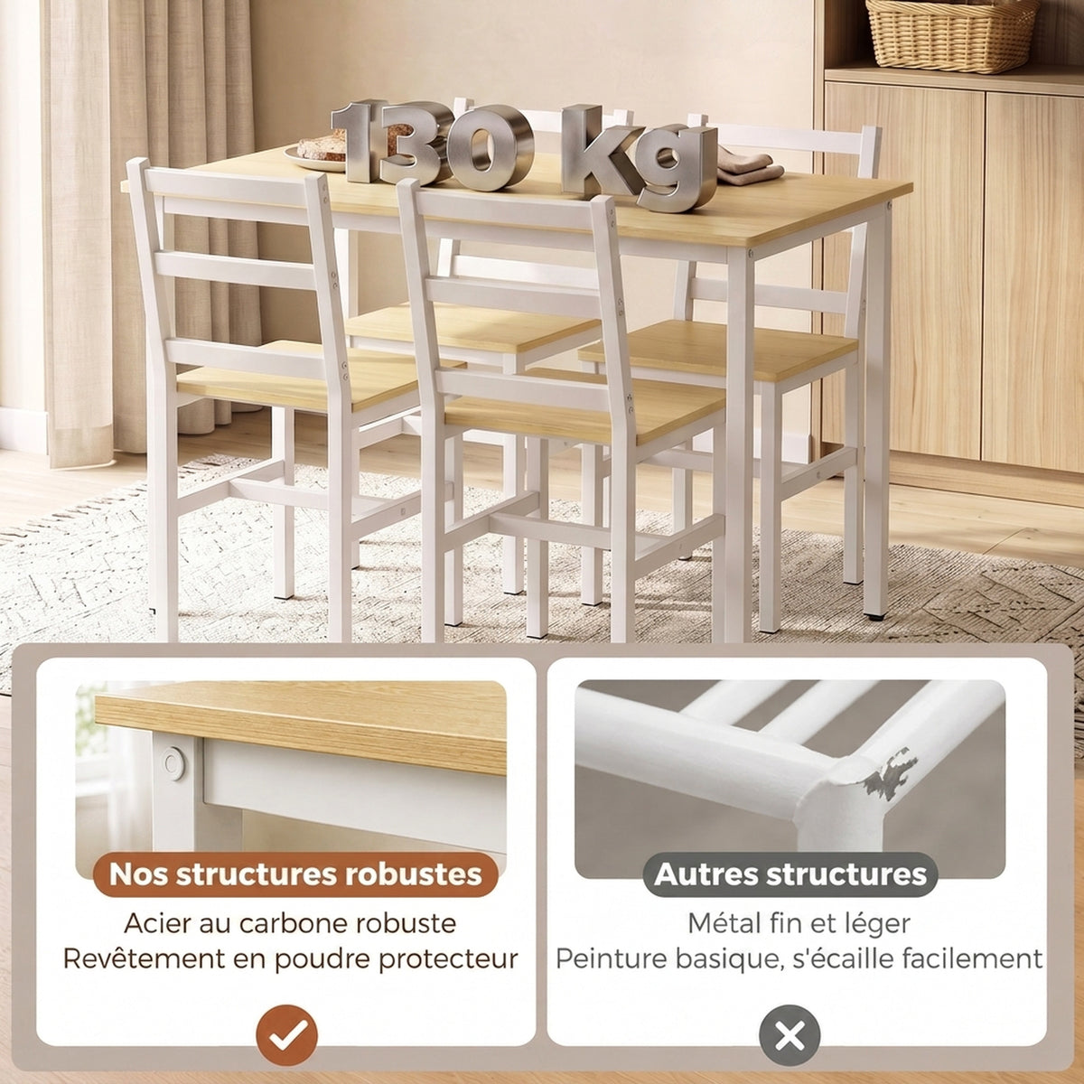 Dining Table Set with 4 Chairs, 108 cm Rectangular Table, Slat Back Chairs, Oak and White