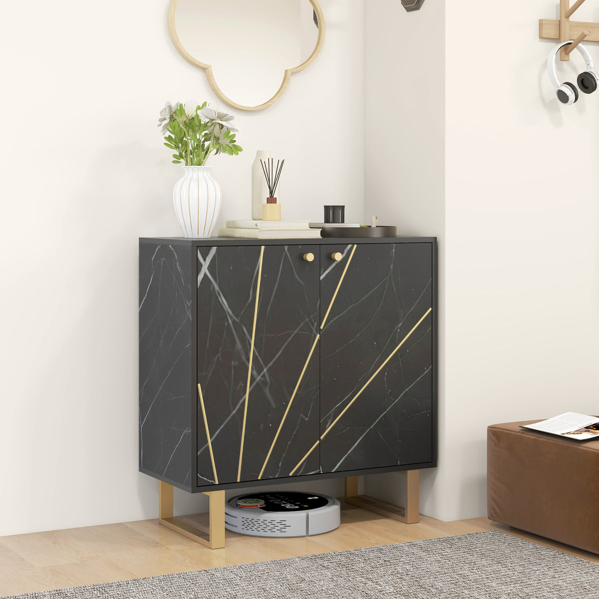 Buffet de rangement avec 2 portes et étagère réglable pieds en métal 76 x 35 x 77 cm ton marbre noir