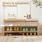 Banc chaussures entrée, banc de rangement, assise rembourrée en lin, 2 tiroirs en rotin et étagère ouverte, chêne