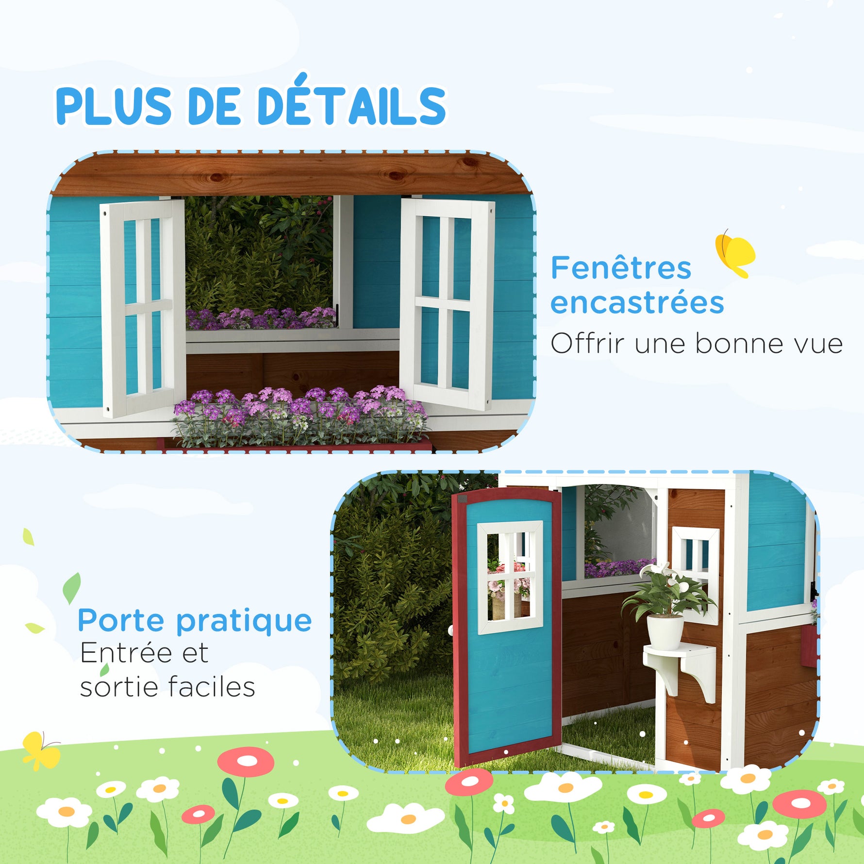 Cabane enfant extérieur maison enfant extérieure avec porte fenêtres et jardinières 114 x 126,4 x 135 cm Marron