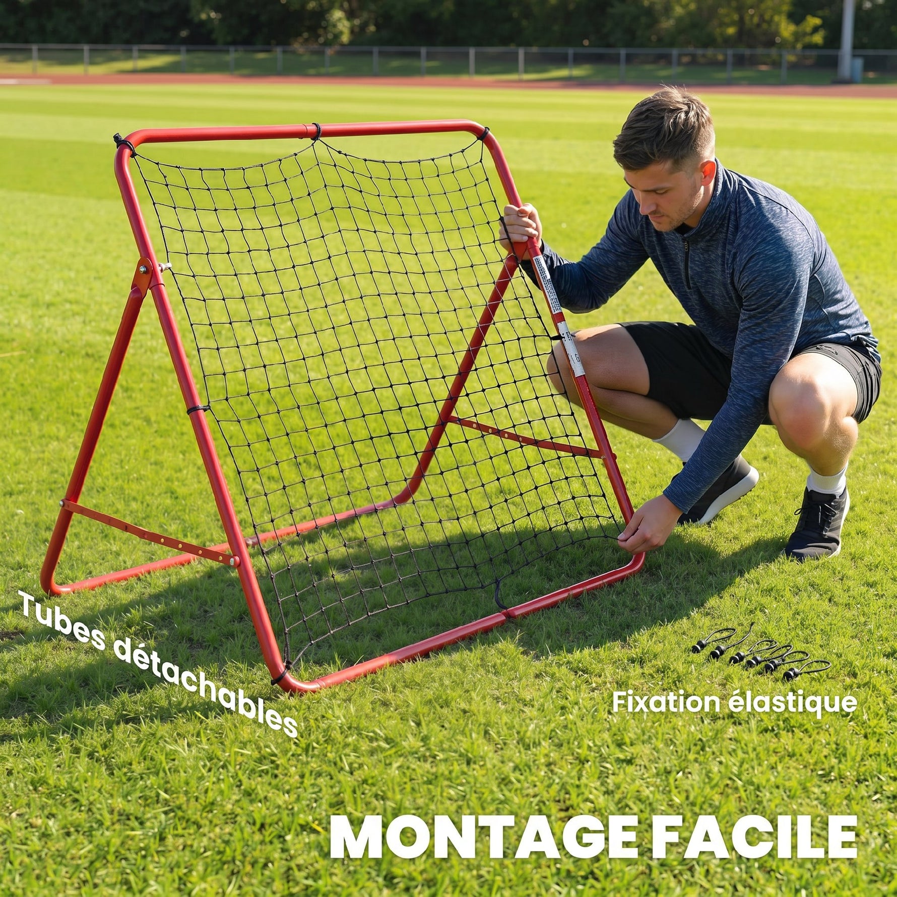 Filet de Rebond Football Portable, 5 Angles Réglables en Acier et Nylon à Double Couche, 103x72x89cm, Rouge