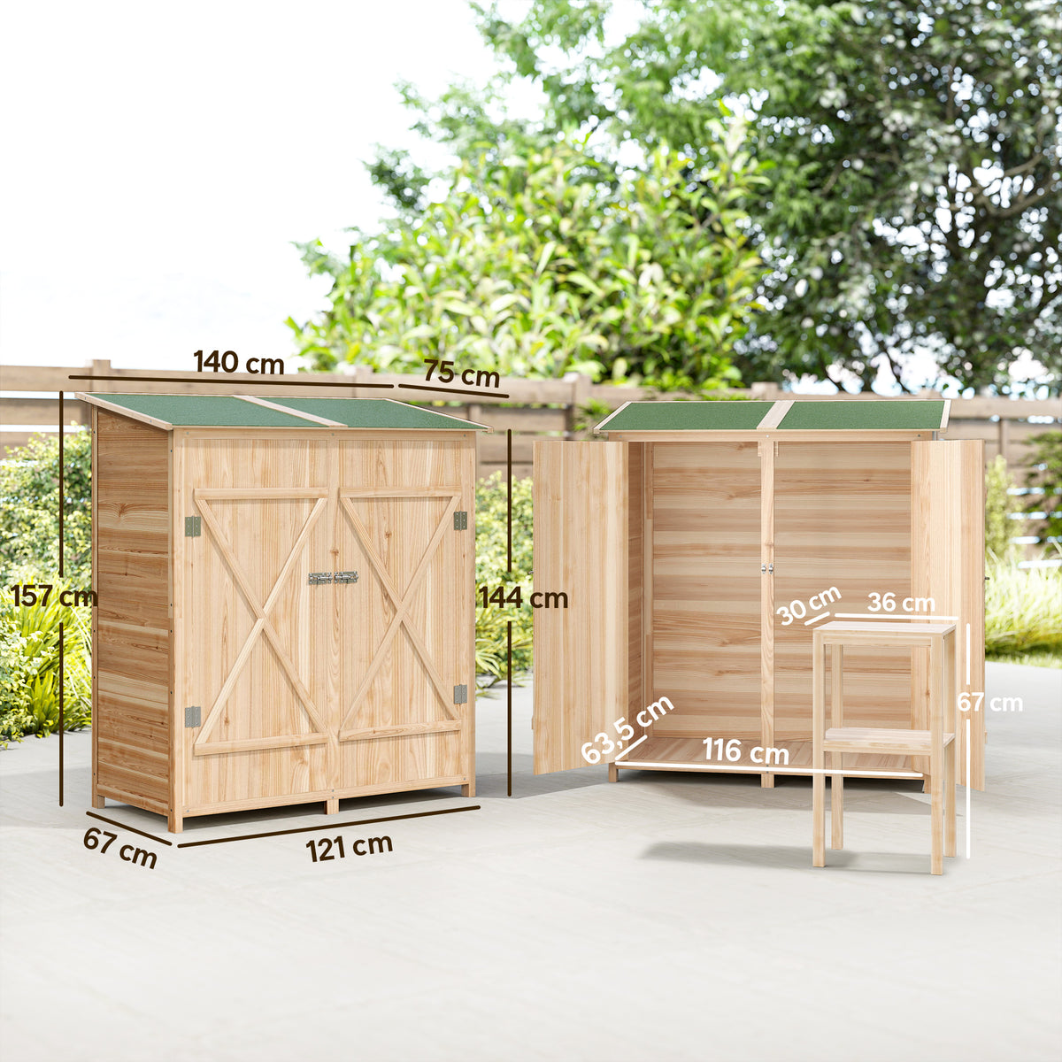 Abri de jardin en bois armoire de jardin en bois avec table, toit en asphalte, 140 x 75 x 157 cm, effet bois naturel