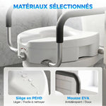 Rehausseur de siège de toilettes avec poignées, largeur réglable, accoudoirs rembourrés, blanc