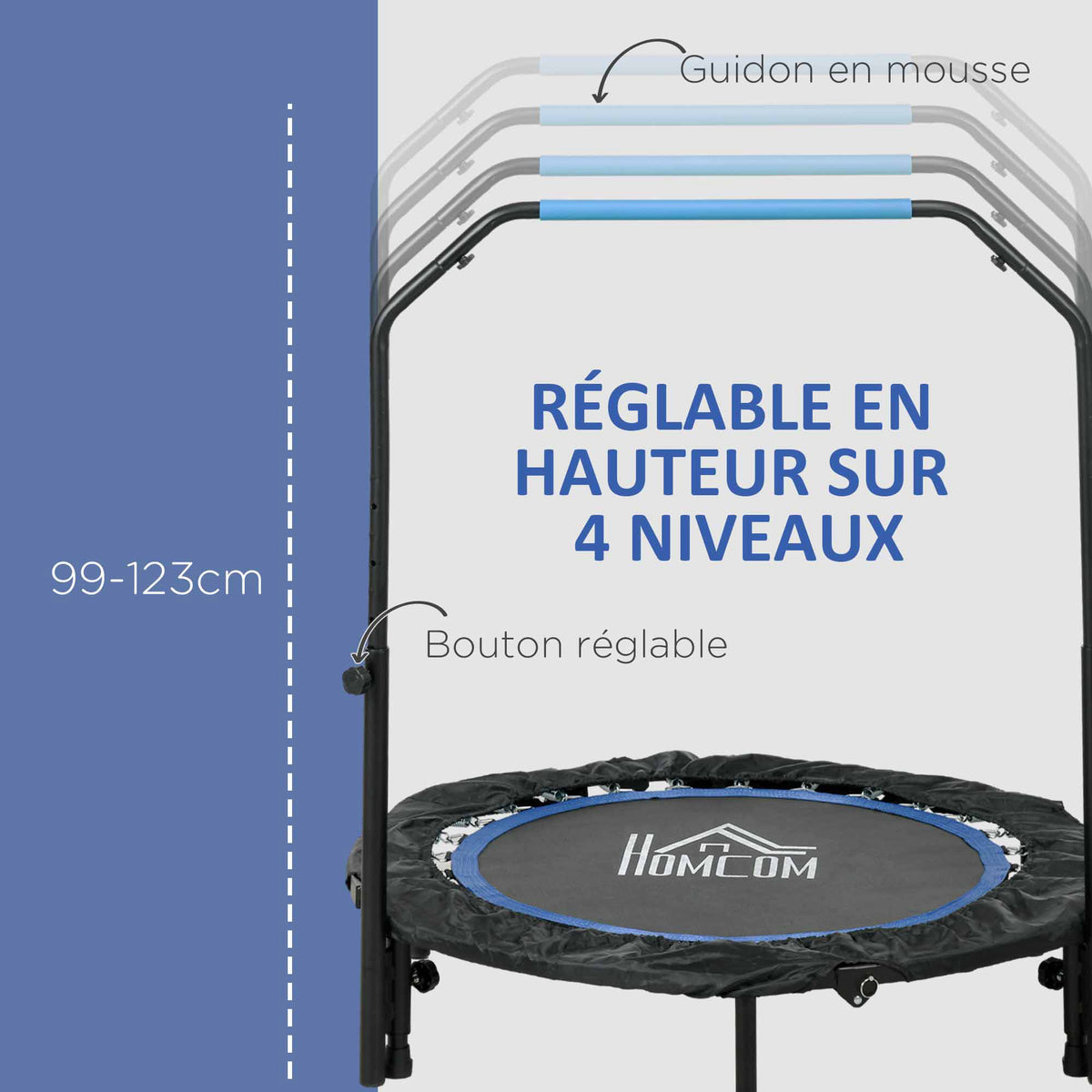 Trampoline de fitness gymnastique avec poignée réglable, pliable, 6 pieds, 28 ressorts Ø 102 cm, noir bleu