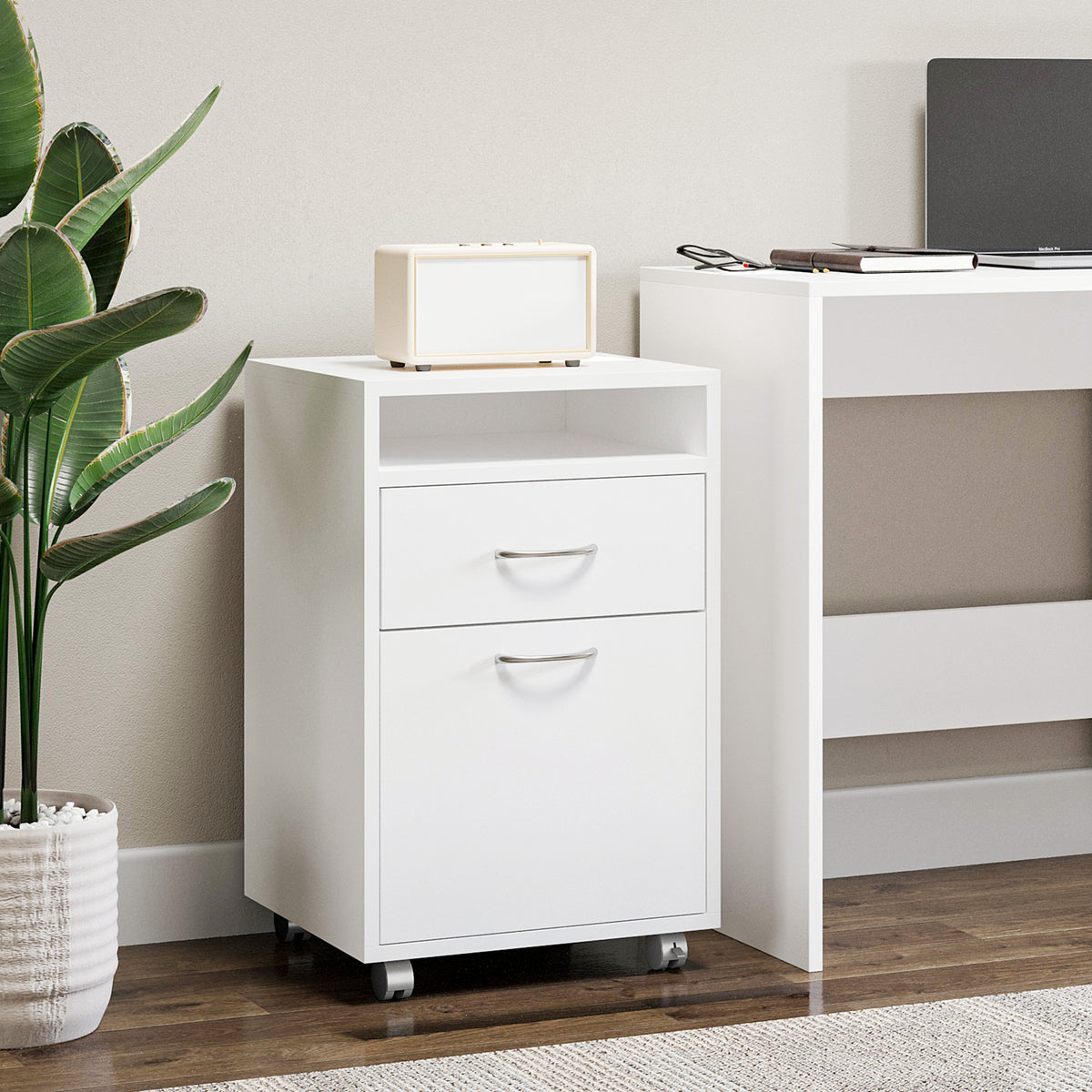 Caisson de bureau rangement bureau sur roulettes tiroir placard niche panneaux particules blanc