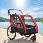 Remolque de bicicleta para niños 2 en 1, cochecito de bicicleta para bebés de 2 plazas, manillar ajustable, freno de mano, cinturón de seguridad, rojo