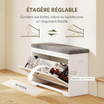Banc à chaussures, banc d'entrée moderne avec siège rembourré, tiroir basculant et étagère ajustable, 80x30x50cm, blanc