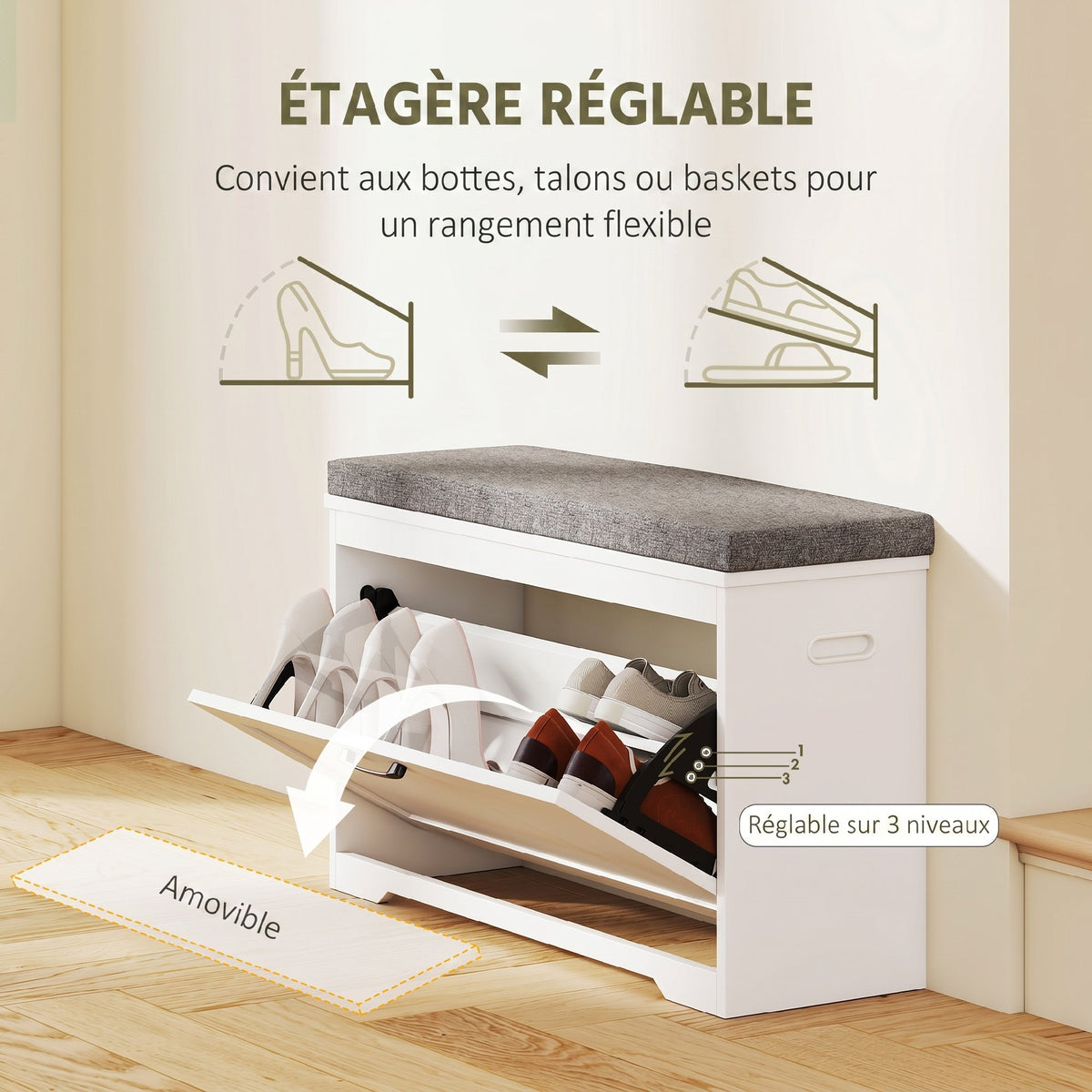 Banc à chaussures, banc d'entrée moderne avec siège rembourré, tiroir basculant et étagère ajustable, 80x30x50cm, blanc