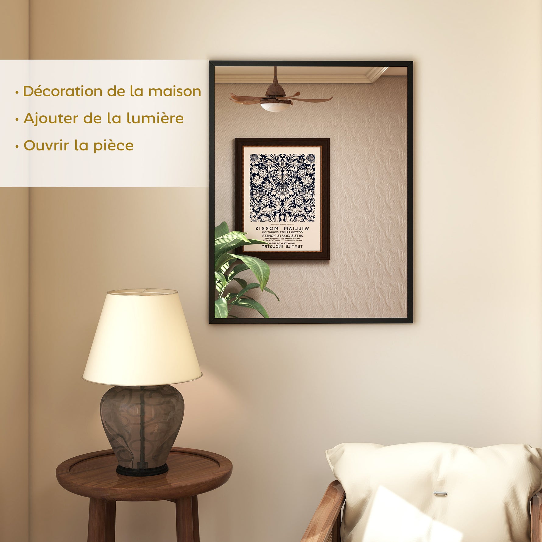 Miroir mural rectangulaire 90 x 70 cm, cadre en bois noir, idéal pour la salle de bain, salon ou chambre