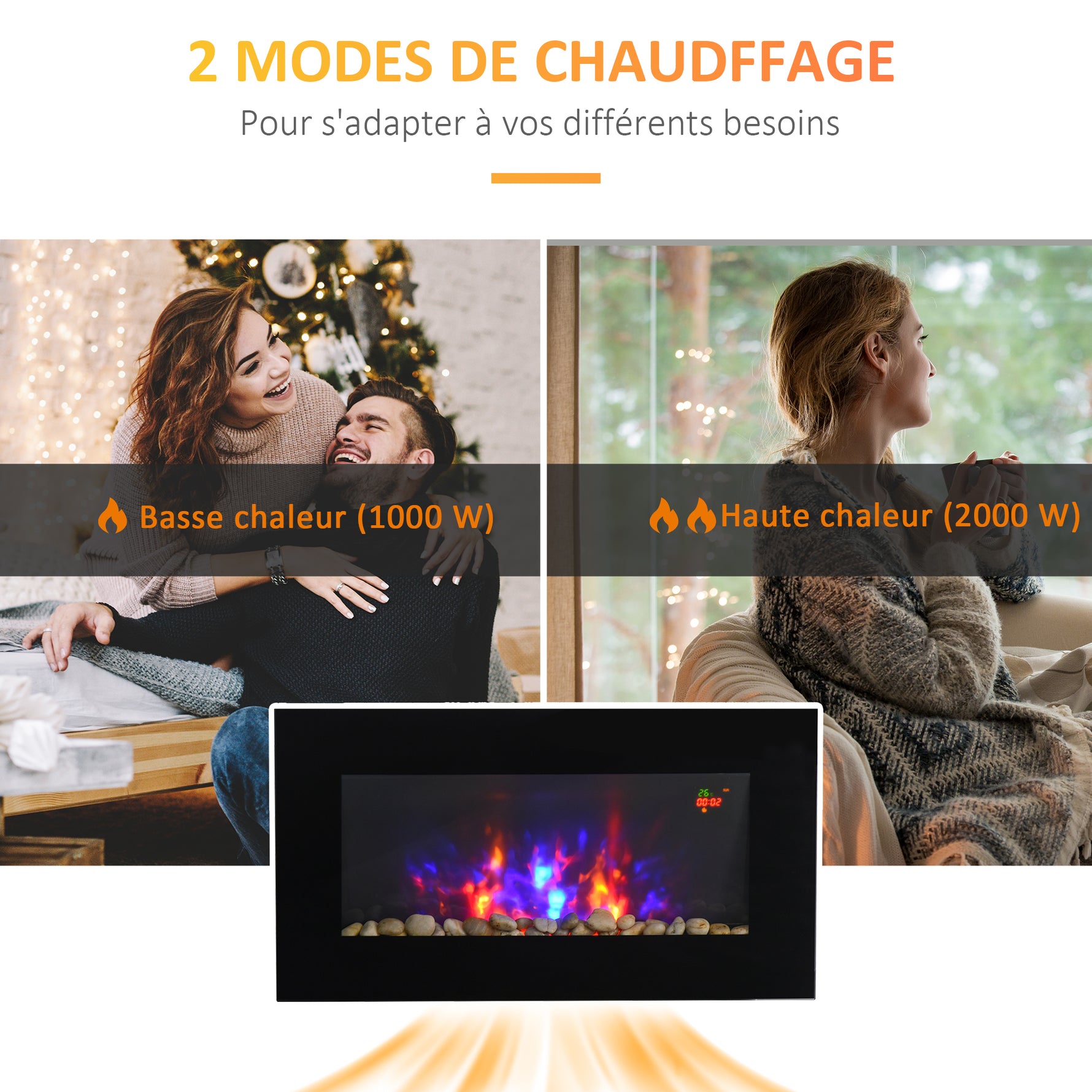 Cheminée électrique murale 1000/2000 W, cheminée décorative avec effet flamme 7 couleurs réglables, 72,5x11,5x40cm, noir
