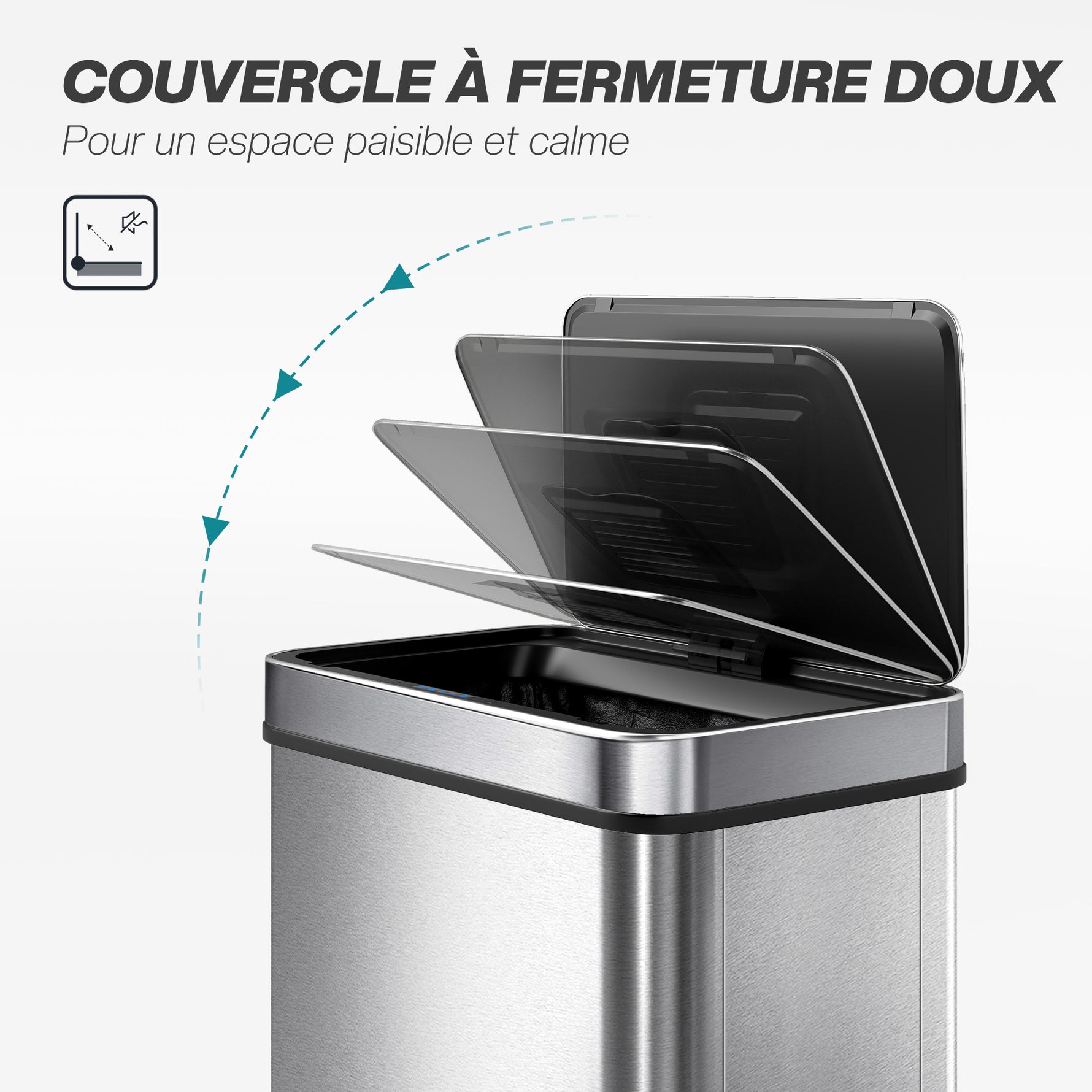 Poubelle à capteur 60 L avec couvercle à fermeture douce, poubelle de cuisine automatique en acier inoxydable, argenté