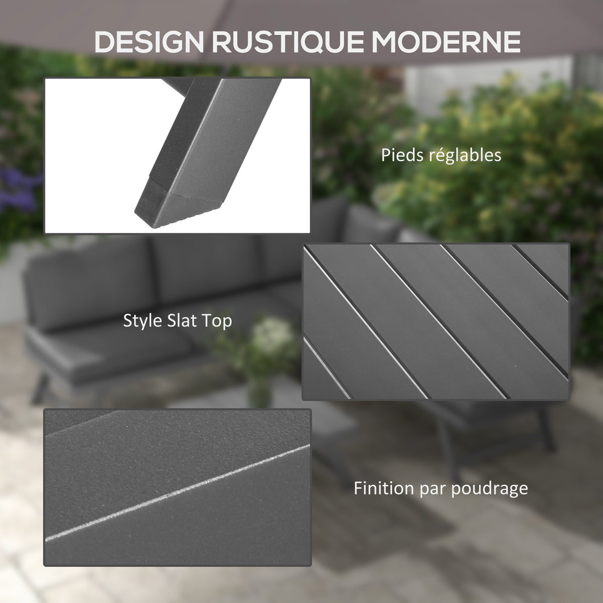 Ensemble salon de jardin d'angle et convertible 4 pièces avec 2 banquettes, 1 fauteuil d'angle et 1 table basse