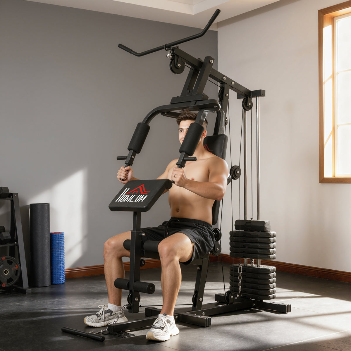 Stazione Multifunzione con Pacco Pesi da 65 kg, Doppia Carrucola, Nero
