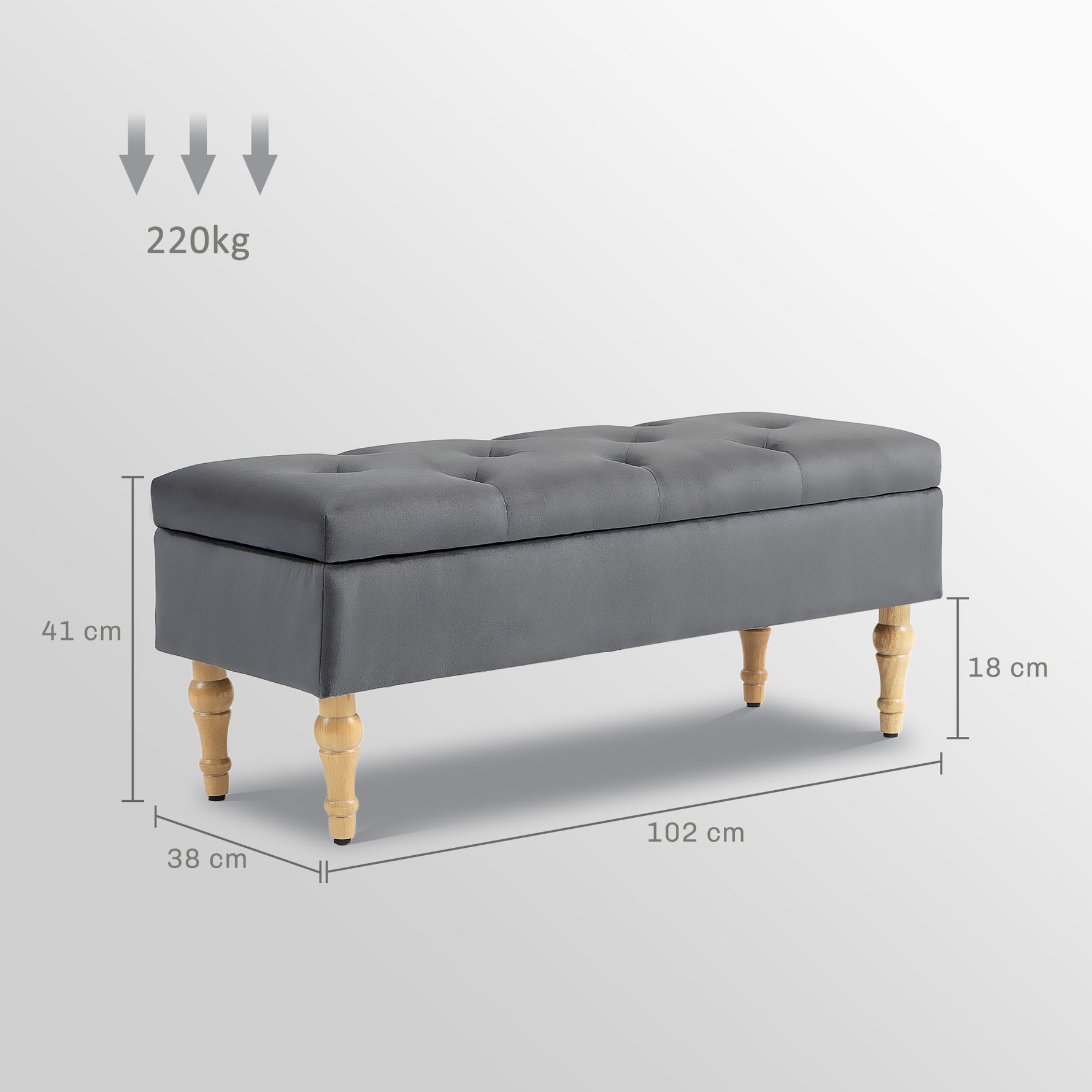 Banc coffre de rangement 2 en 1 banquette en velours avec couvercle à charnière capitonné et pieds en bois, gris foncé