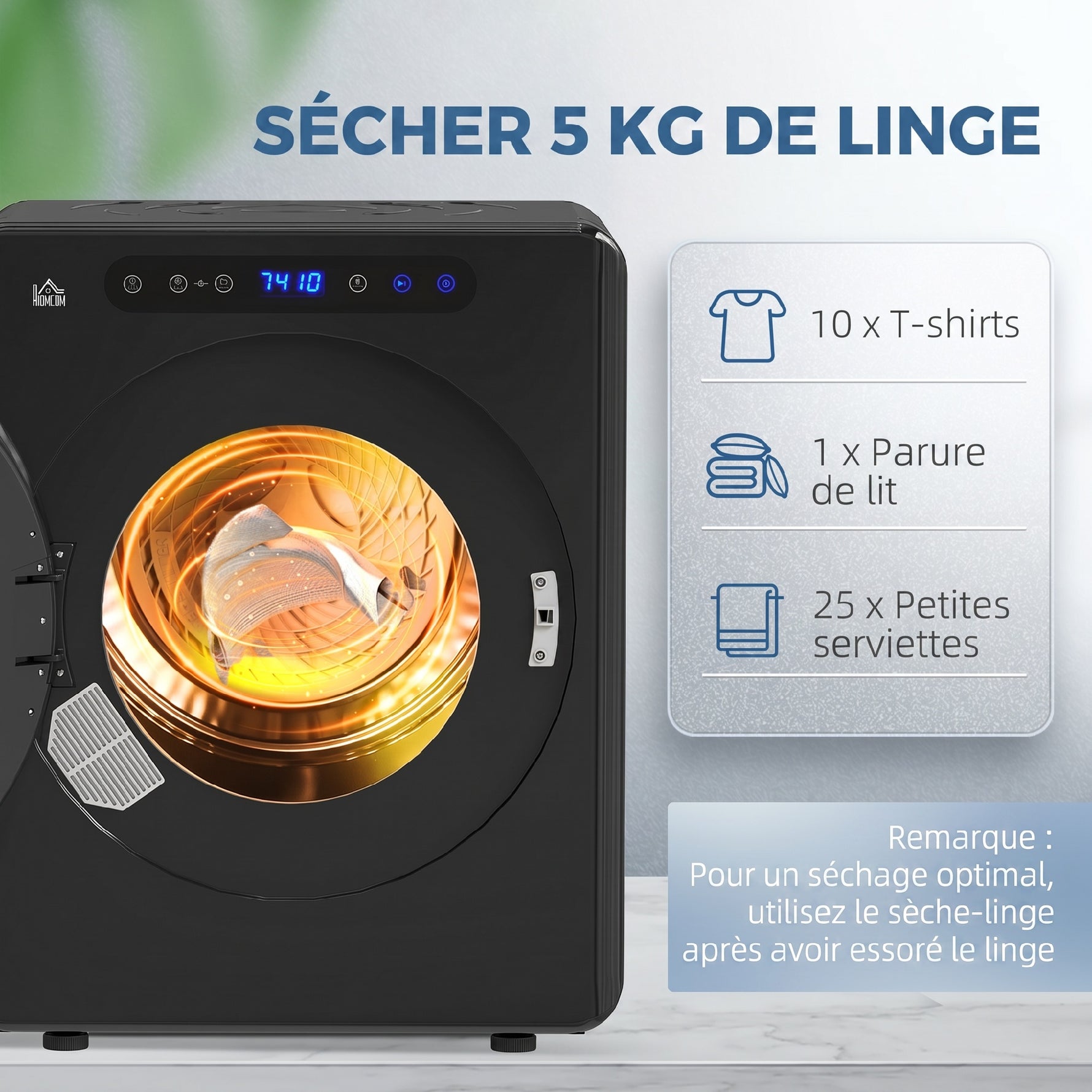 Sèche linge à évacuation, sèche-linge électrique 1000 W 3 Kg, modes Extra Dry et ECO, minuterie, acier inoxydable, noir