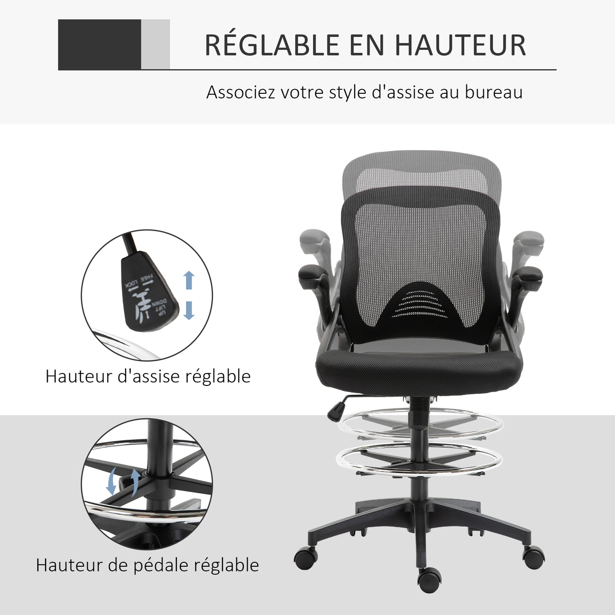 Chaise bureau ergonomique, fauteuil de bureau avec repose-pieds, chaise de dessin à dossier en maille, hauteur réglable, accoudoirs, assise rembourrée et pivotante 360°, noir
