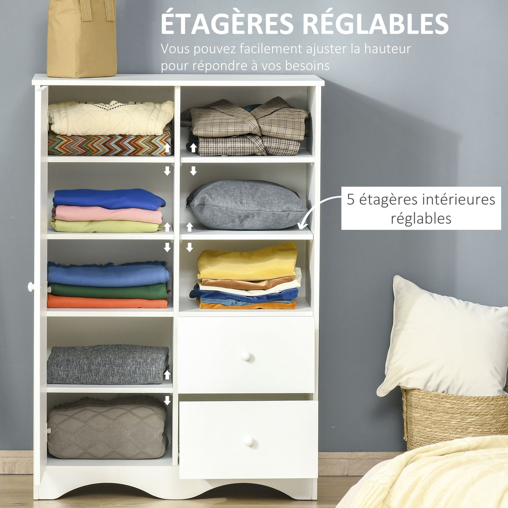 Armoire avec Porte et 5 étagères, 3 niches, 2 tiroirs, meuble de rangement blanc pour chambre, salon, bureau