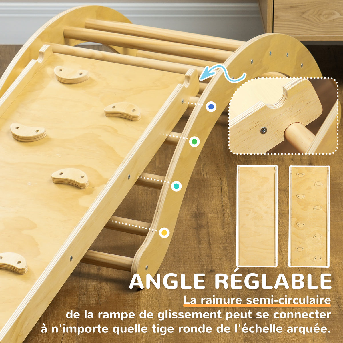 4 en 1 Arche escalade enfants, chaise à bascule, rampe d'escalade double face et coussin, 168x49,5x39,5cm, bois naturel