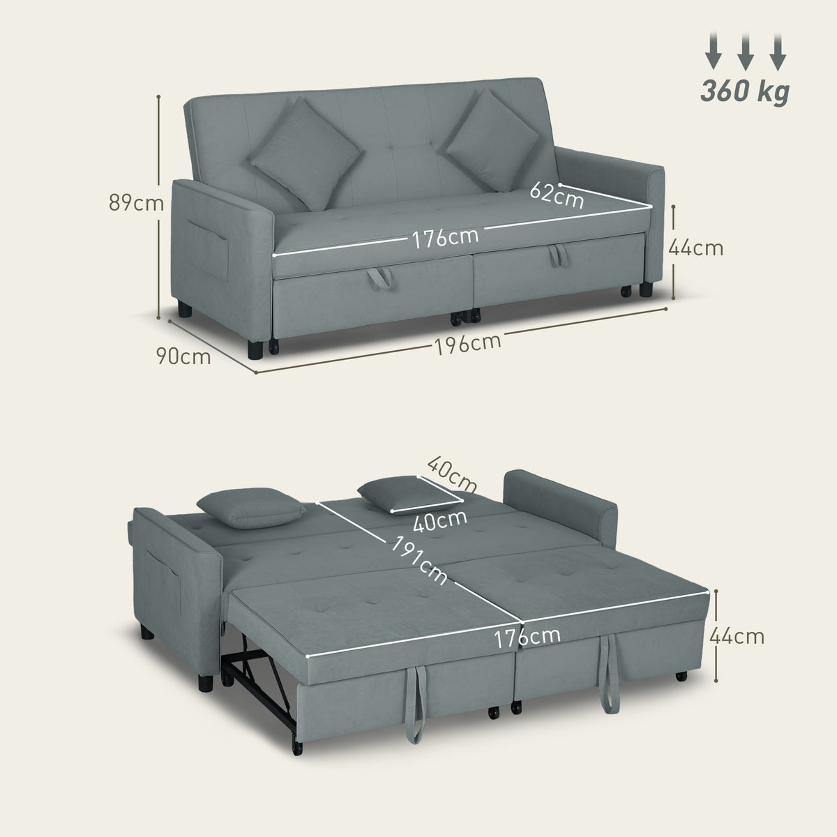 Canapé convertible 3 places canapé-lit clic-clac réversible avec dossier réglable et coussins, 196 x 90 x 89 cm, gris