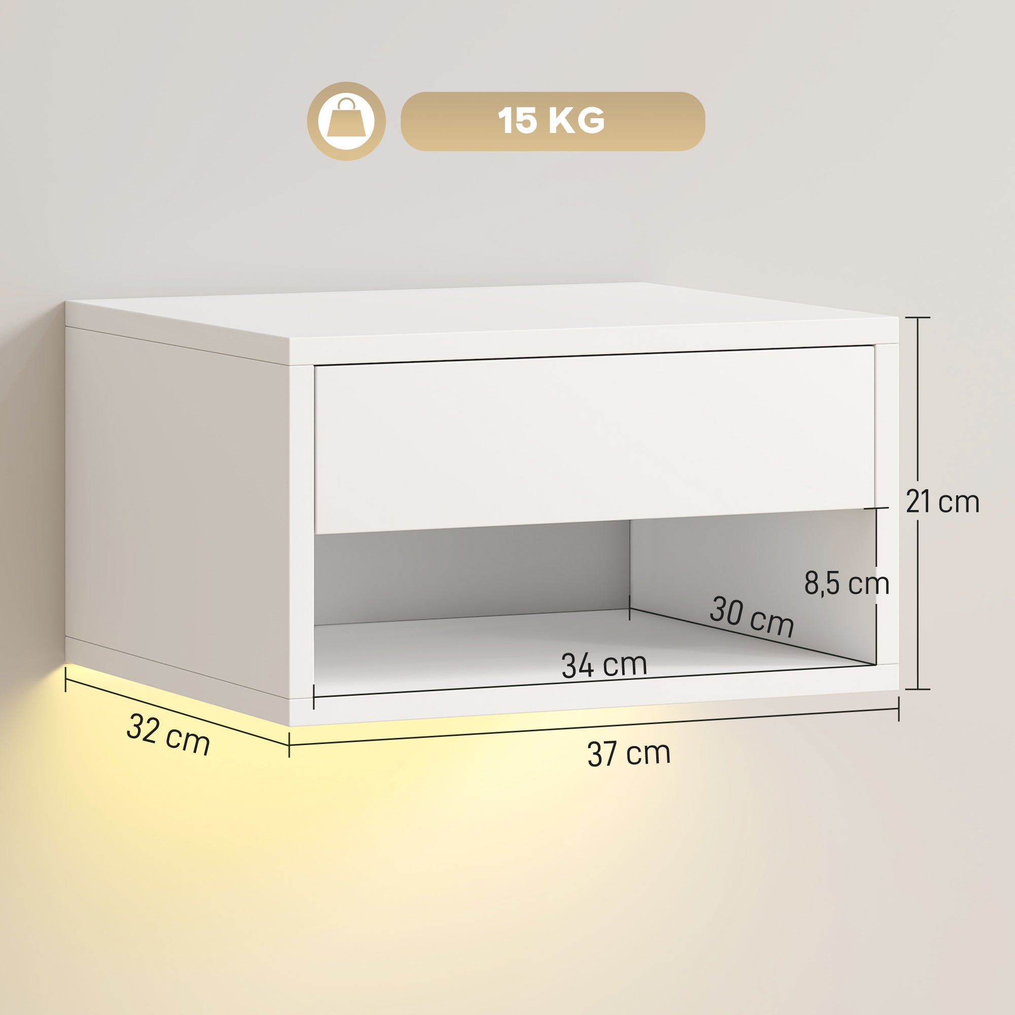 Lot de 2 tables de chevet suspendues avec éclairage LED RGB contrôle par application, étagère, tiroir, 37x32x21cm, blanc