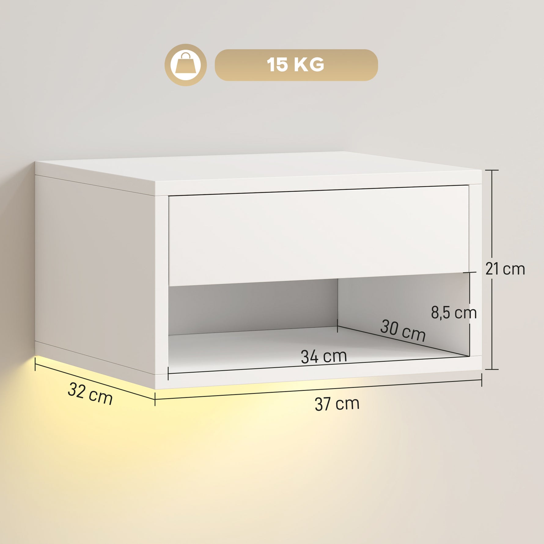 Lot de 2 tables de chevet suspendues avec éclairage LED RGB contrôle par application, étagère, tiroir, 37x32x21cm, blanc