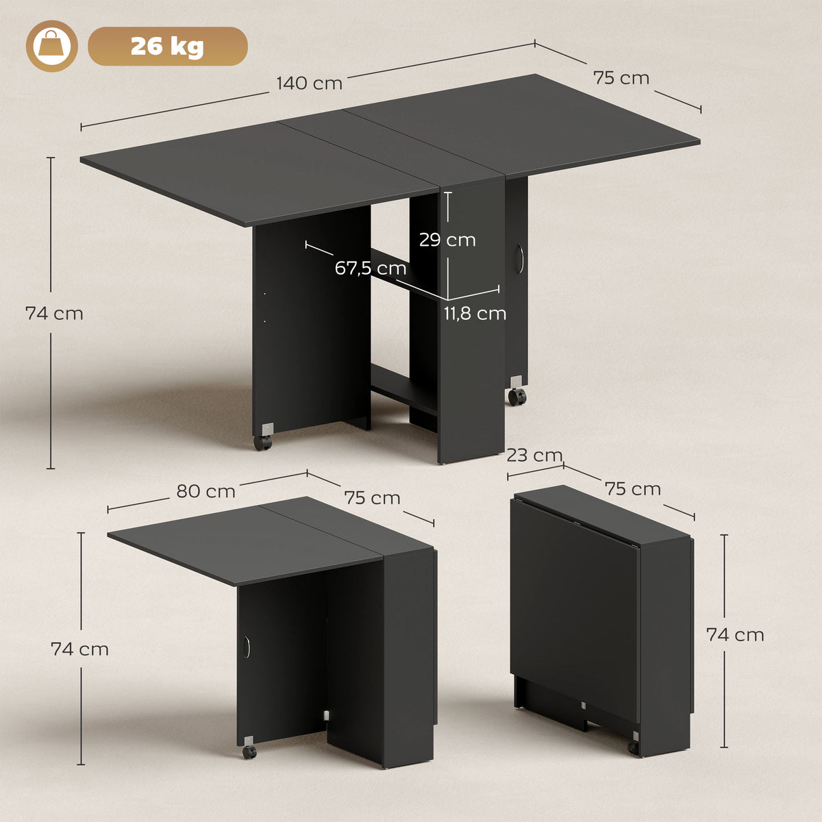 Table pliante de cuisine salle à manger amovible sur roulettes 75 x 140 x 74 cm coloris noir