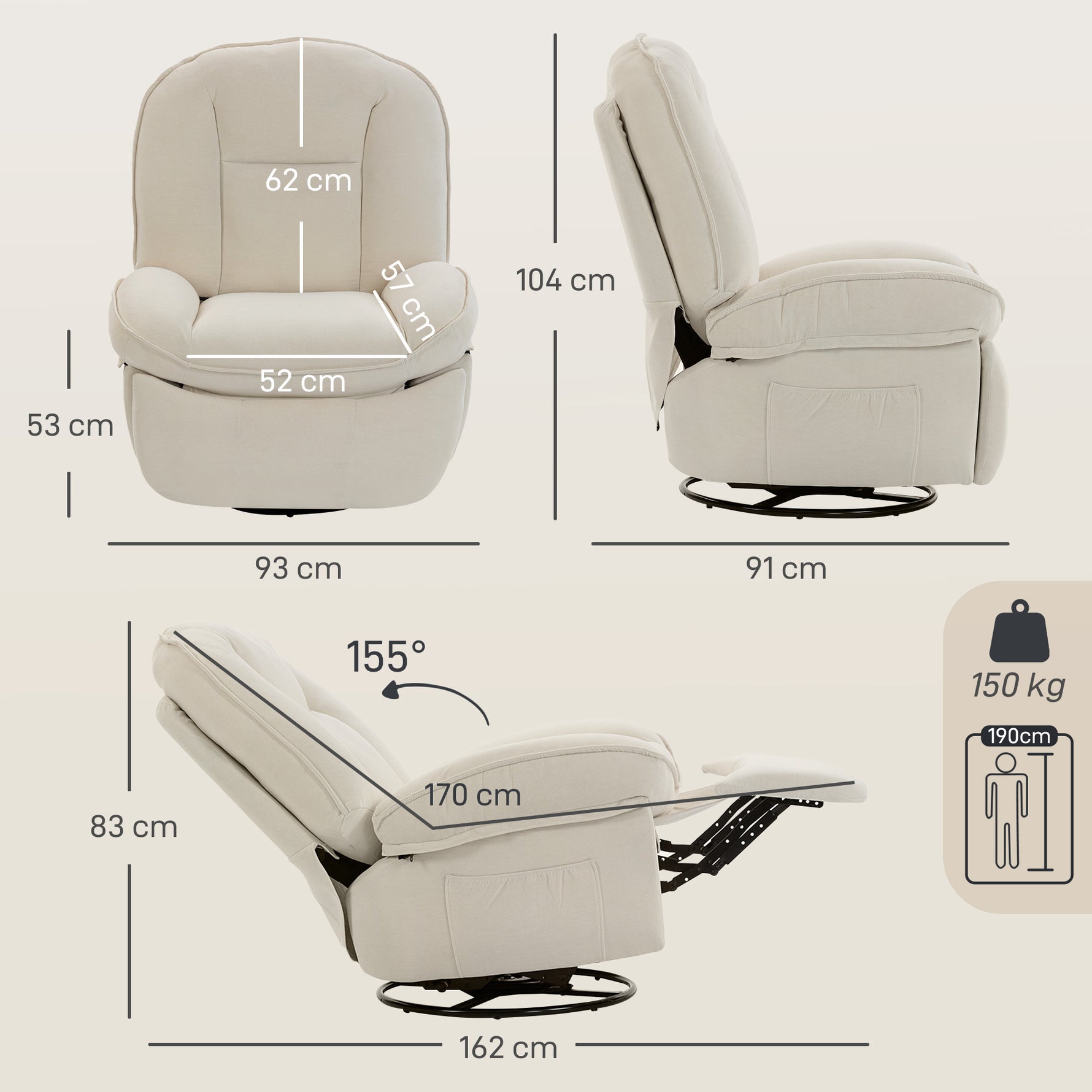 Fauteuil inclinable en chenille, fauteuil de relaxation pivotant à 360°, assise large, poches latérales, crème