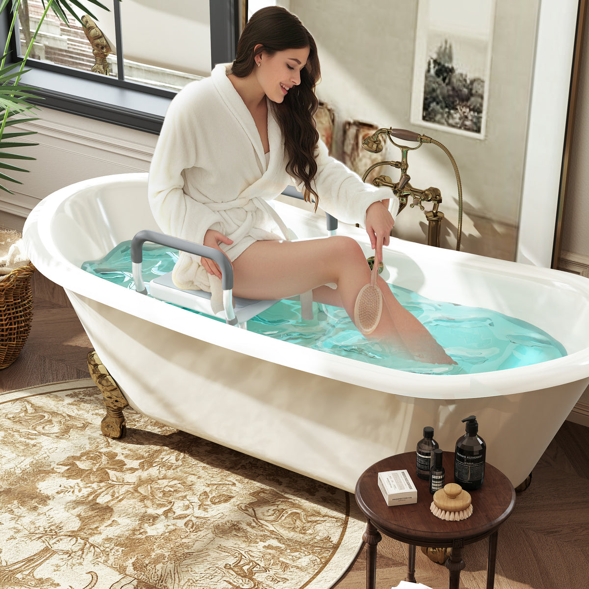 Tabouret de douche pour personnes âgées et handicapées avec accoudoirs, hauteur réglable, patins antidérapants, bleu