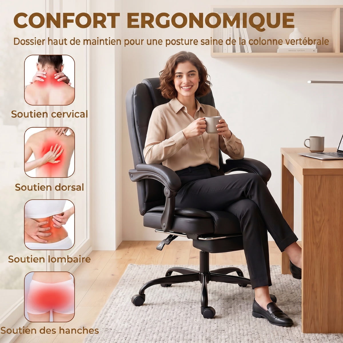 Chaise de bureau ergonomique, fauteuil de bureau inclinable en pu avec repose-pieds rétractable, hauteur réglable, noir