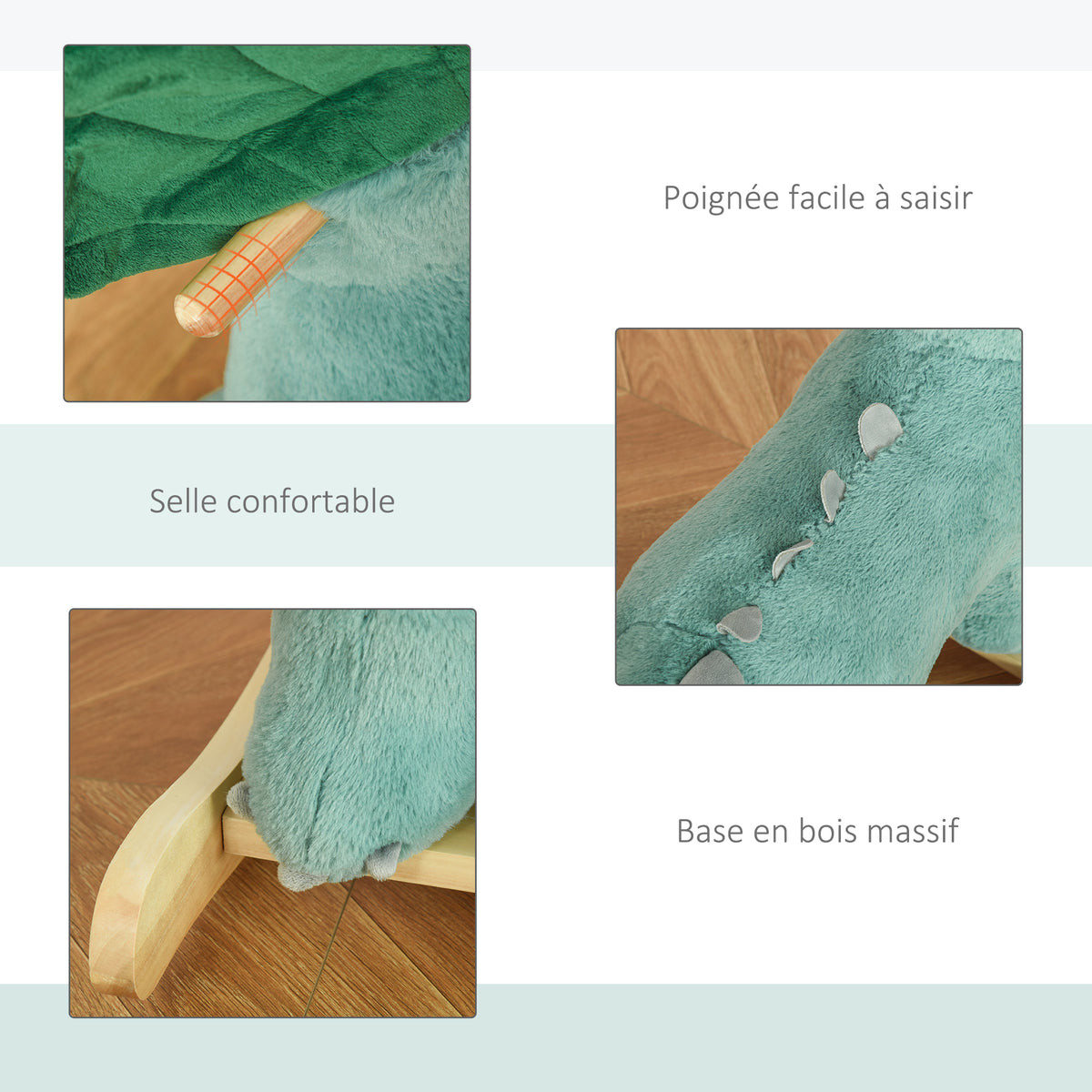 Jouet à Bascule Dinosaure Effet sonore Rugissement Bois peuplier Peluche Courte Polyester Vert d'eau