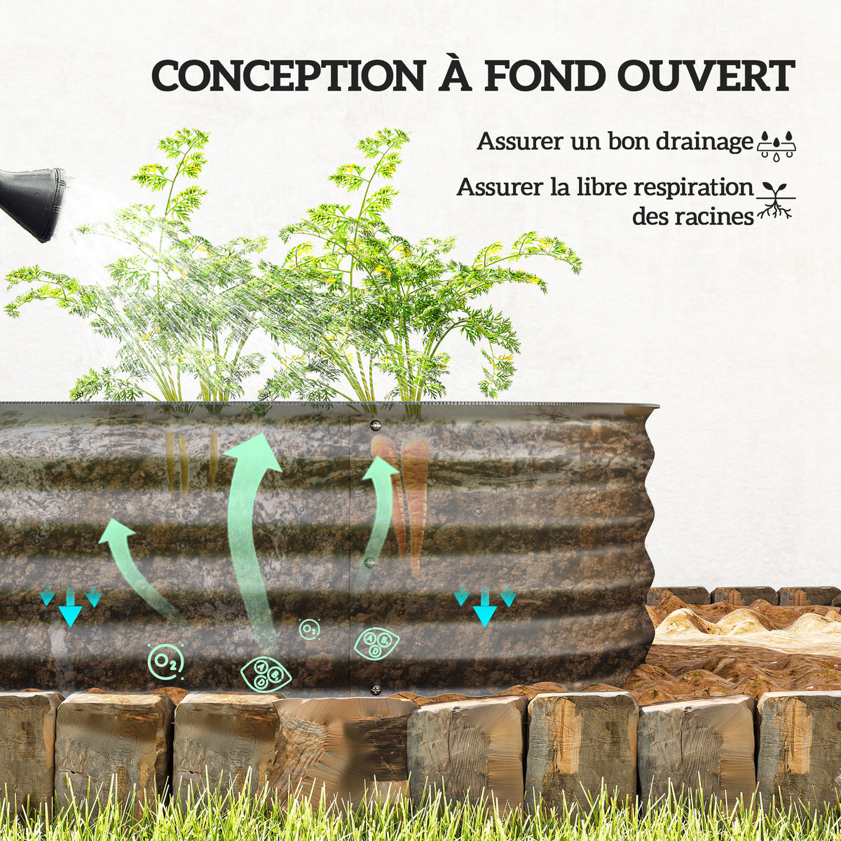 Jardinière surélevée carré potager de jardin en acier modulable légumes, plantes, fleurs, dim. 150 x 62 x 30 cm gris
