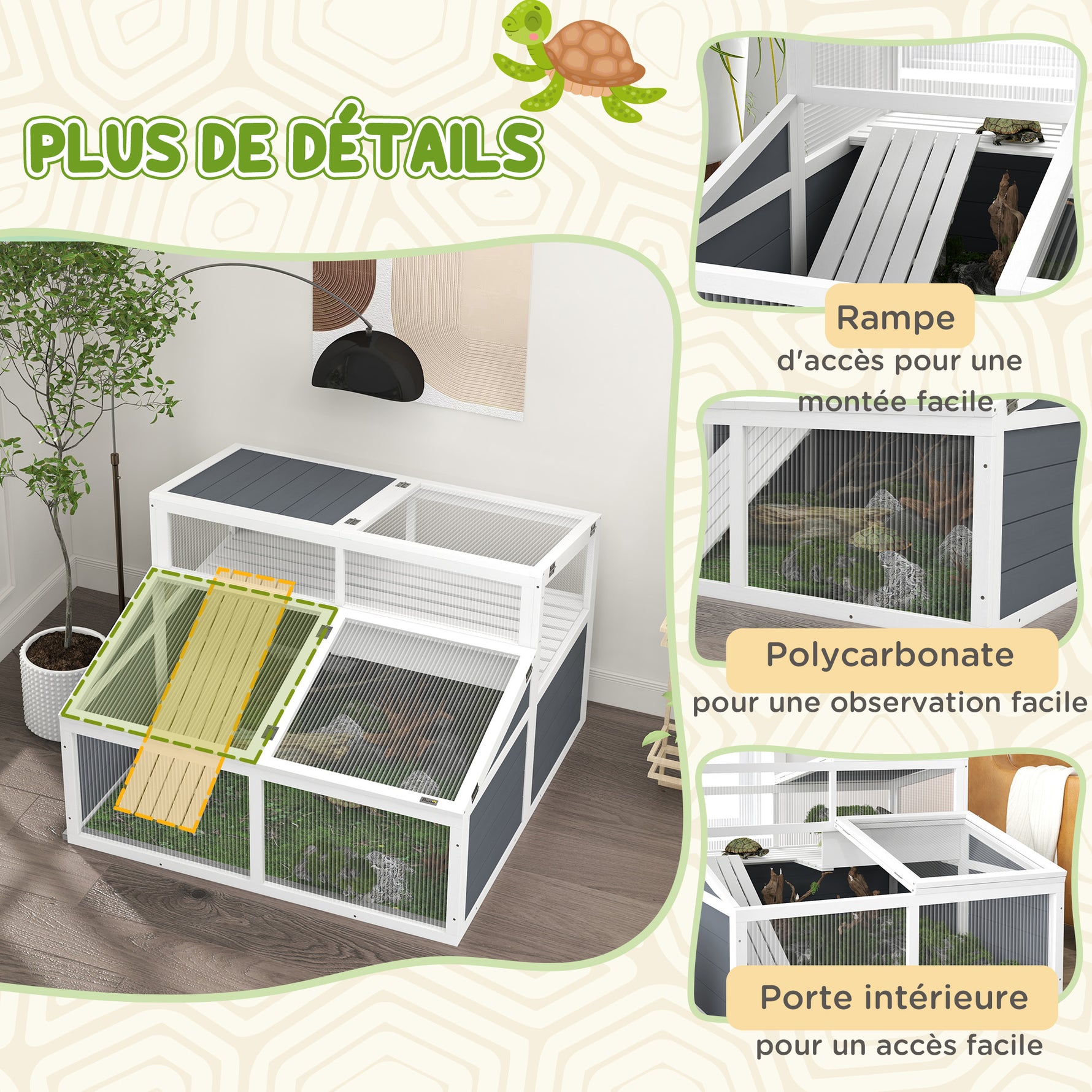 Maison enclos cage pour petit animal tortue avec 2 espaces toit en polycarbonate 3 portes rampe 115 x 115 x 82 cm gris