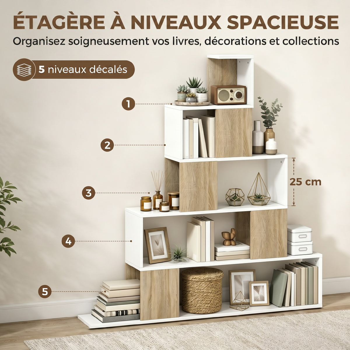 Étagère de rangement, bibliothèque géométrique à 5 niveaux, pour bureau, salon, chambre, blanc et bois naturel