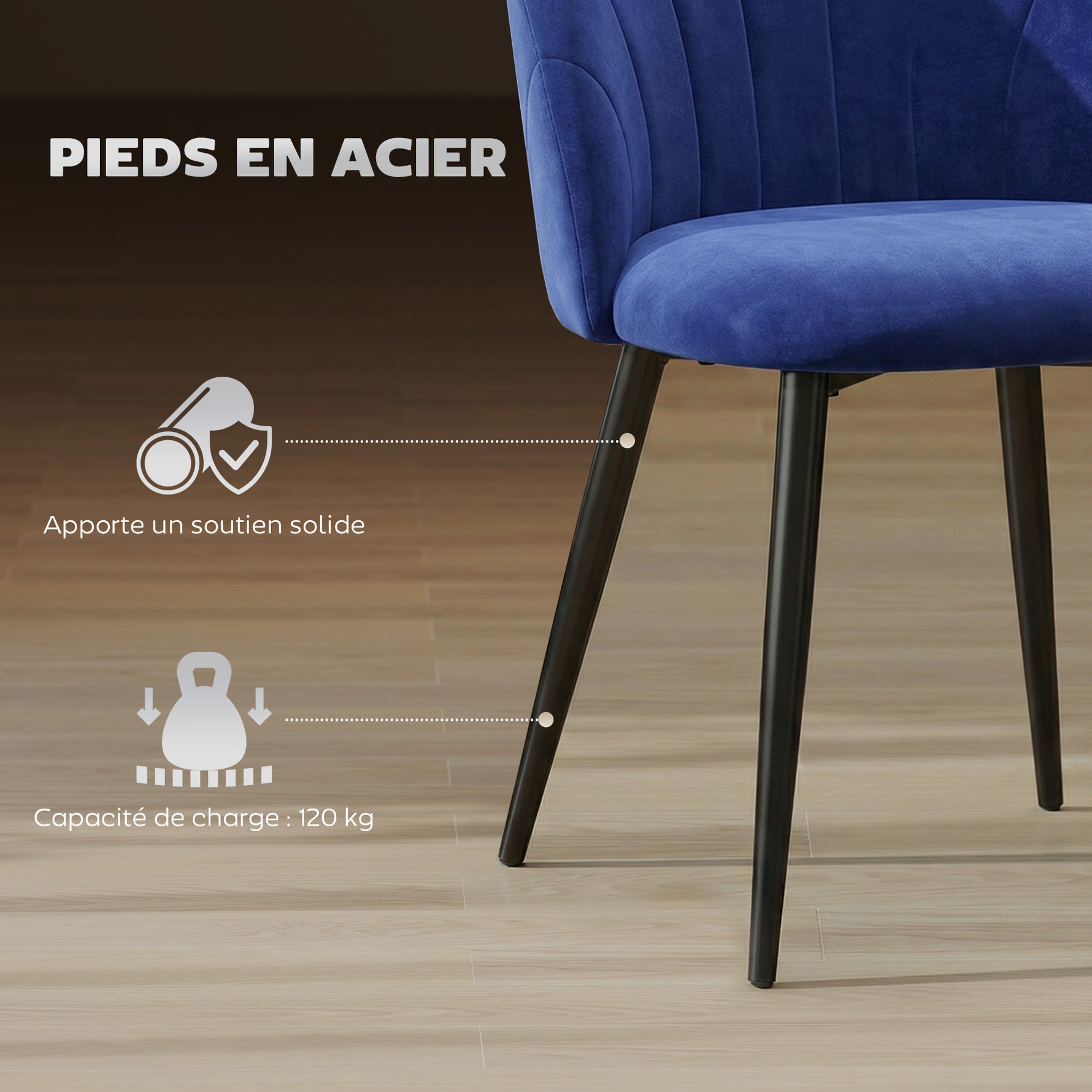 Lot de 2 chaises de salle à manger, chaises de cuisine rembourrées sans accoudoirs, pieds en acier, 52x55x79cm, bleu