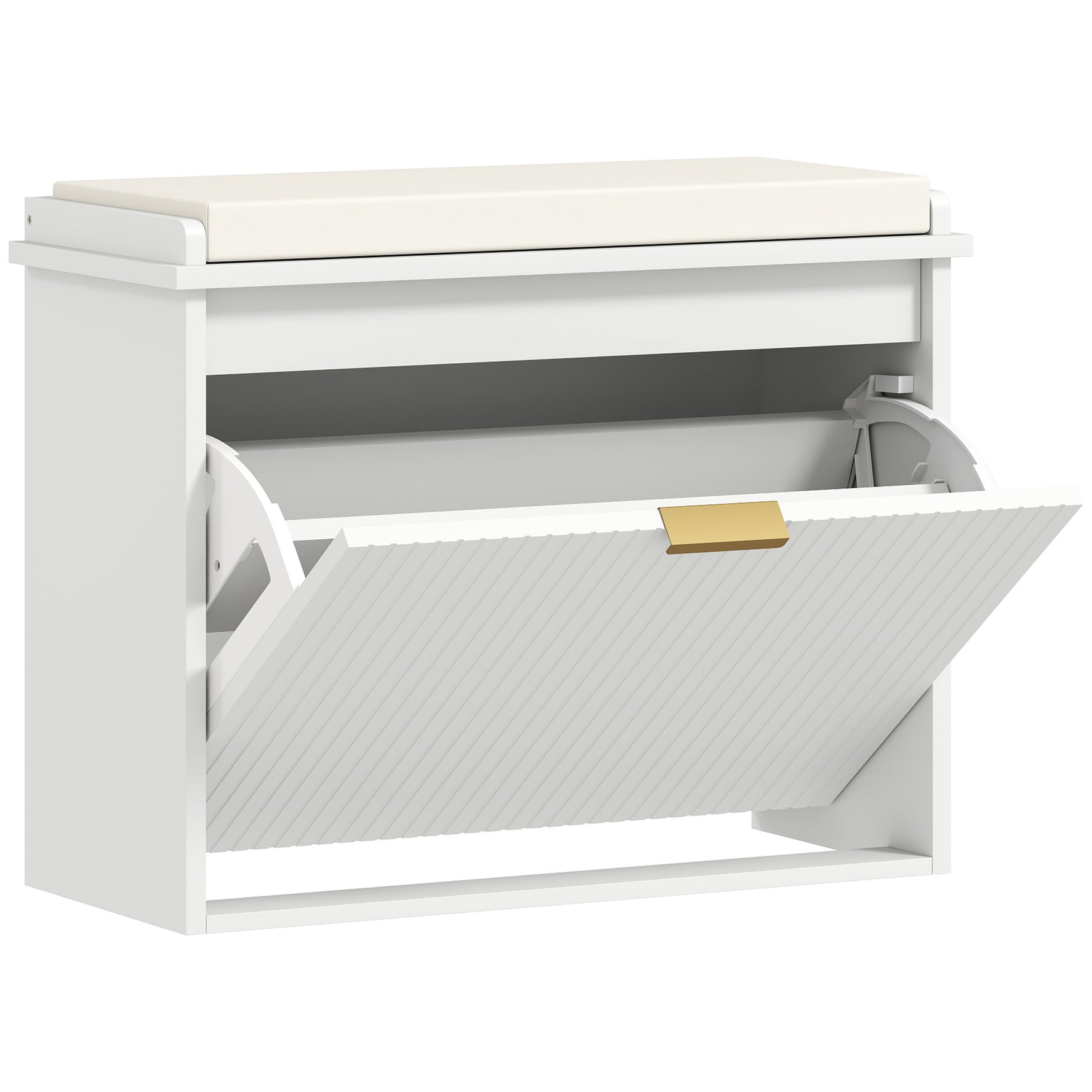 Banc à chaussures avec coussin d'assise rembourré et tiroir rabattable pour couloir, chambre, 62 x 26 x 47,5 cm, blanc
