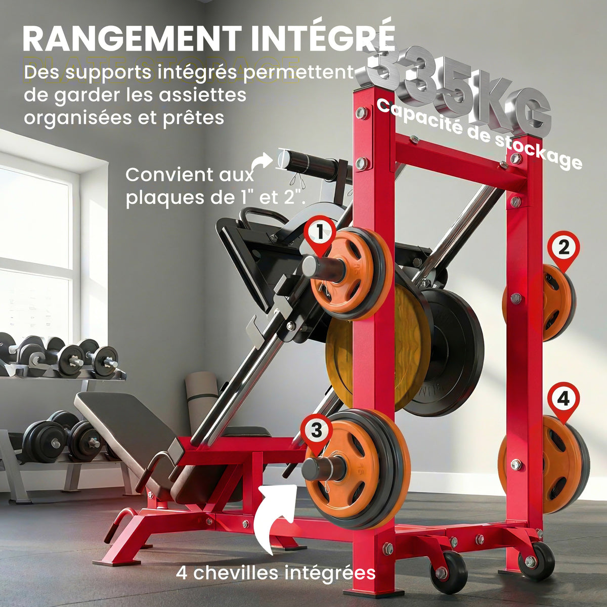 Pressa per gambe professionale, macchina per muscolazione gambe e hack squat 455kg, attrezzo regolabile 185x120x140cm rosso