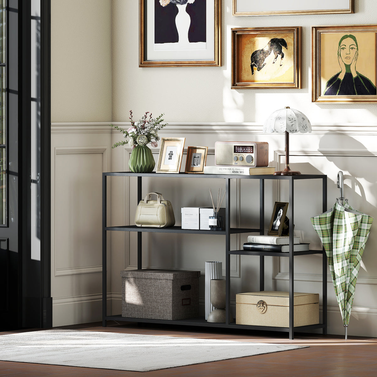 Mesa consola estrecha de 4 niveles estilo industrial con marco de acero, 110 x 30 x 75 cm, negro