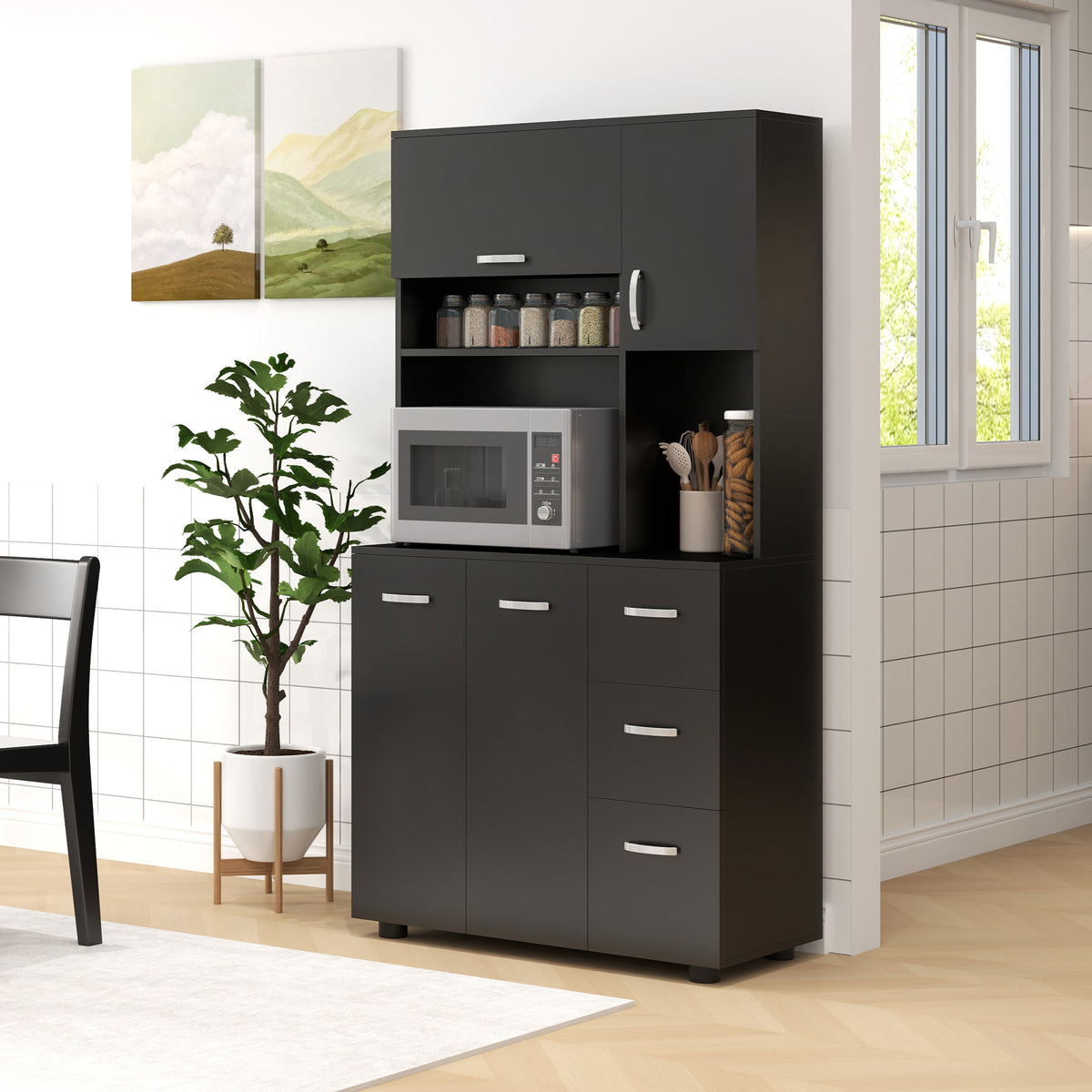 Mobile da cucina multi-ripiano, 4 ante, 3 cassetti, mensola + ampio piano d'appoggio, 89L x 39,5P x 168A cm, nero