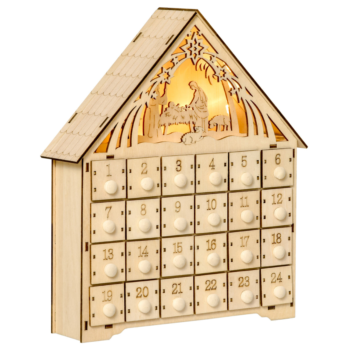 Calendario dell'Avvento in legno da riempire, decorazione natalizia con 24 cassetti e 5 luci LED, 26,6x6x30cm, legno naturale