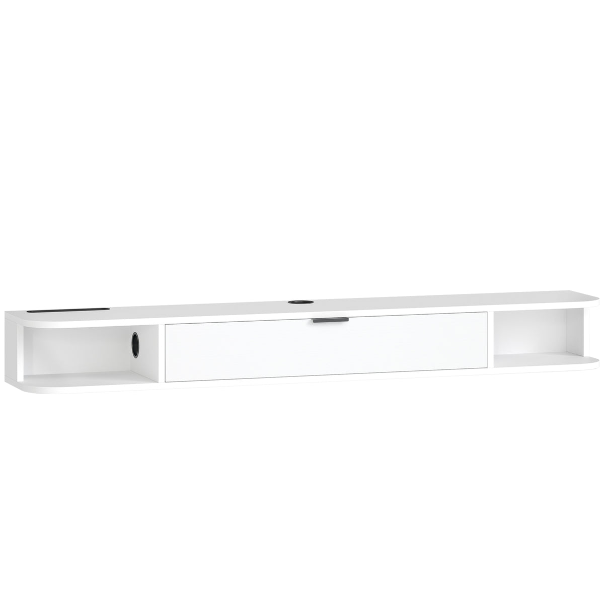 Hängendes TV-Board, Fernsehschrank für Fernseher bis 60 Zoll, Klappfach, 2 Ablagen, 140x24x16cm, Weiß