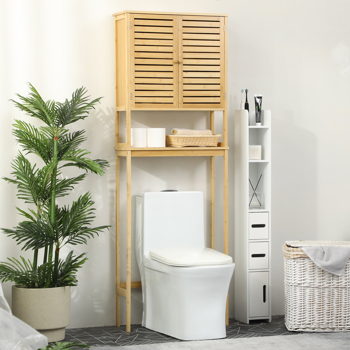 Étagère de toilettes meuble de salle de bain dessus toilette WC avec placard 2 portes et étagère ouverte 60 x 23 x 173 cm bambou