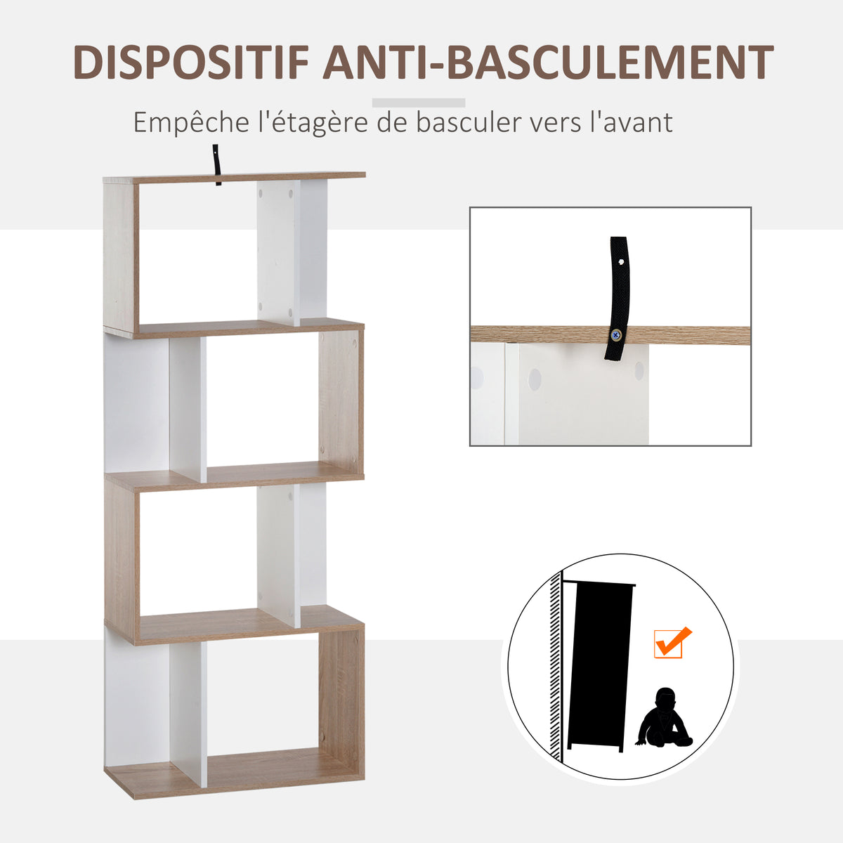 Bibliothèque à 4 niveaux, meuble de rangement en forme de S avec étagères, étagère de rangement pour salon, chambre bureau, 60 x 24 x 148 cm, bois naturel et blanc