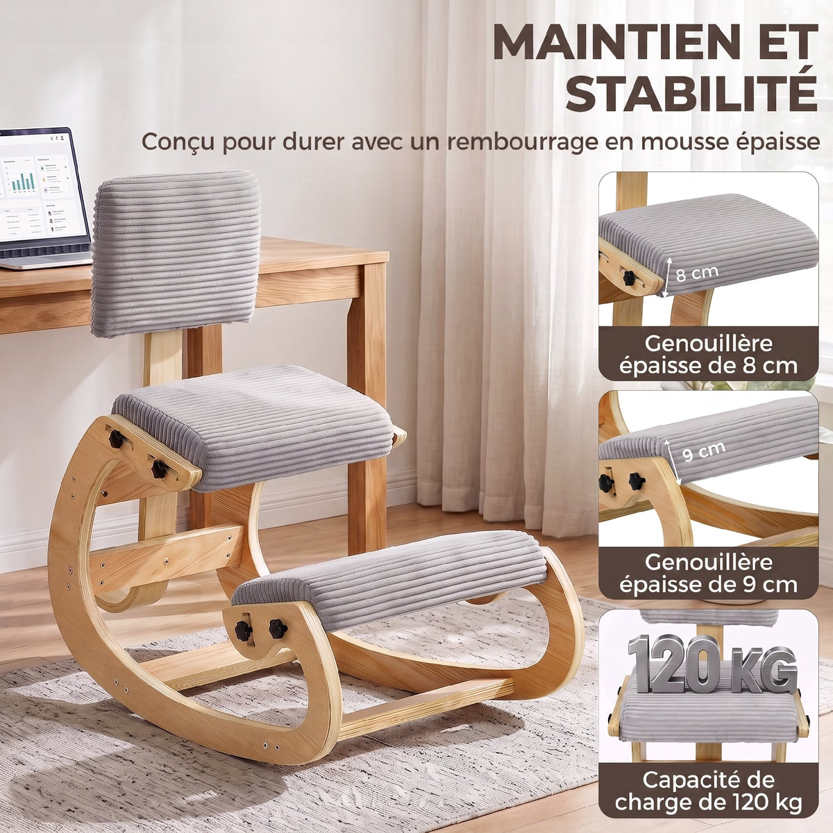 Ergonomic Kneeling Chair with Backrest, Corduroy Padded Rocking Kneeling Stool, Light Grey