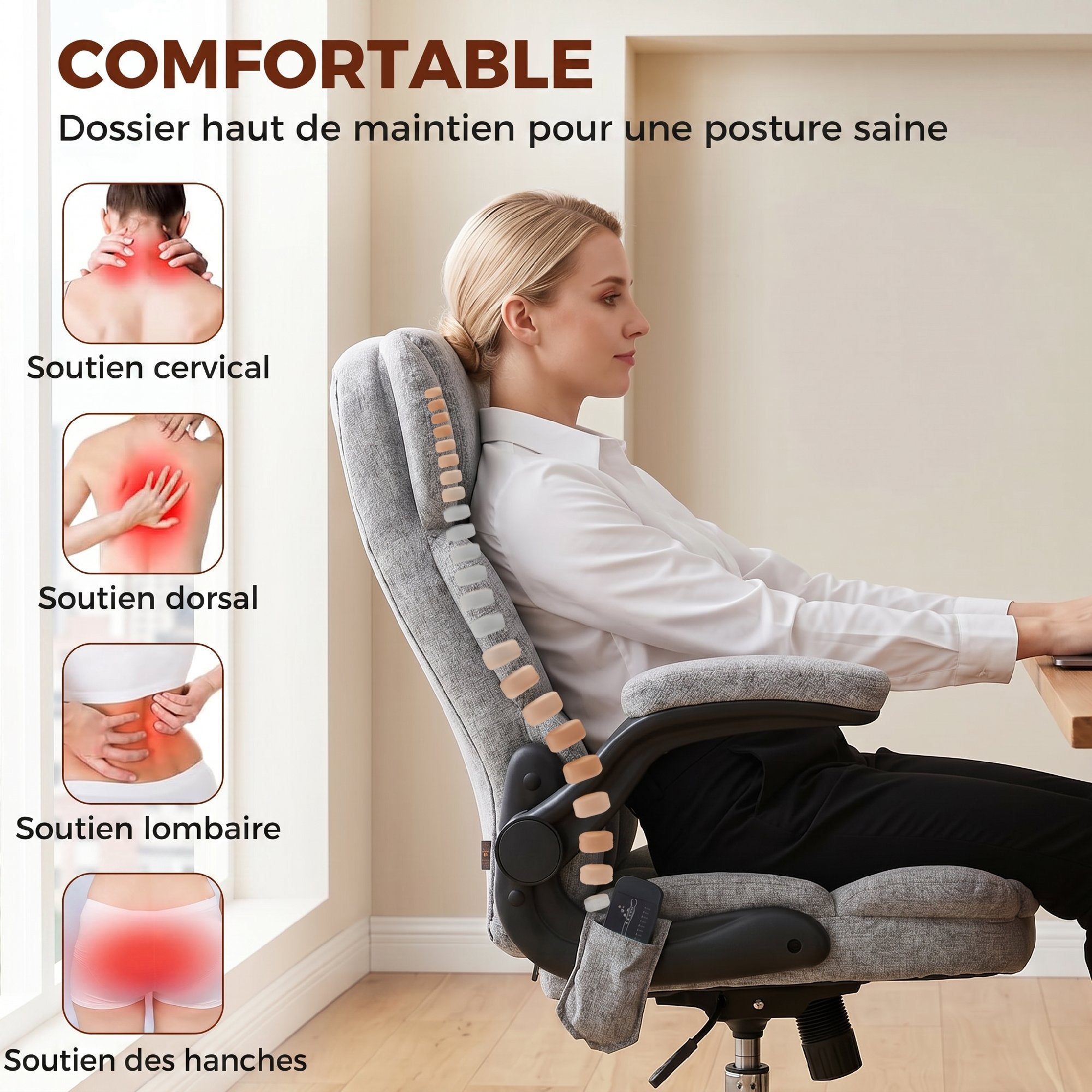 Fauteuil de bureau massant et chauffant, chaise de bureau ergonomique avec hauteur réglable, fonction à bascule, gris