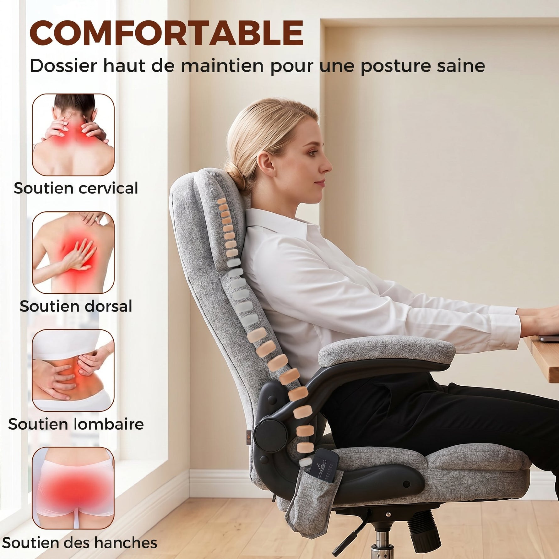 Fauteuil de bureau massant et chauffant, chaise de bureau ergonomique avec hauteur réglable, fonction à bascule, gris