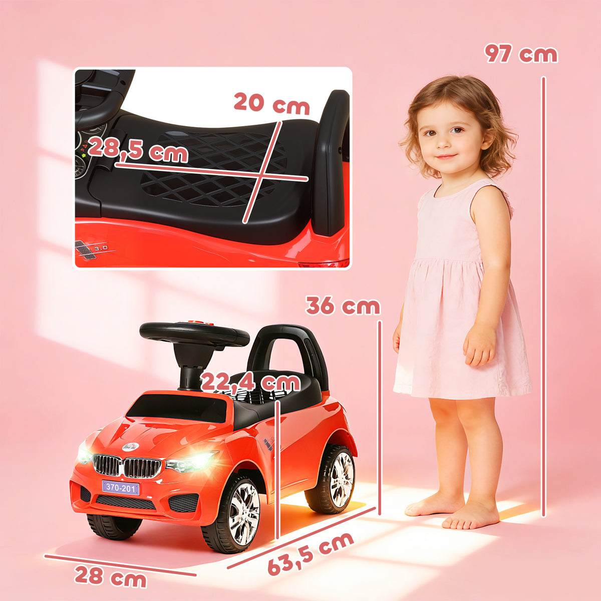 Cavalcabile per bambini, veicolo a spinta con vano portaoggetti, clacson, fari e musica, 63,5 x 28 x 36 cm, rosso