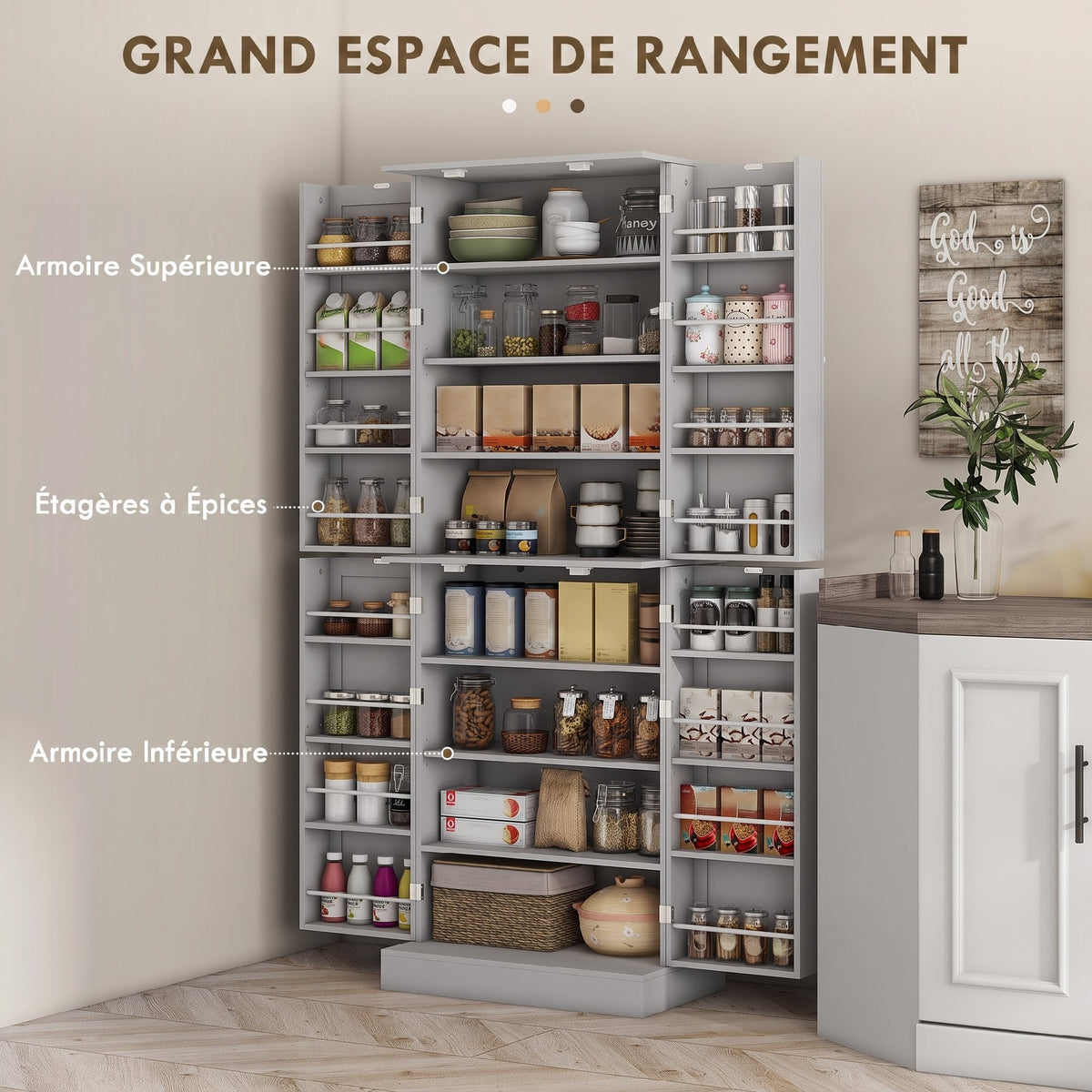 Credenza da cucina con armadietti, ripiano regolabile e portaspezie, 60 x 35 x 166 cm, grigio