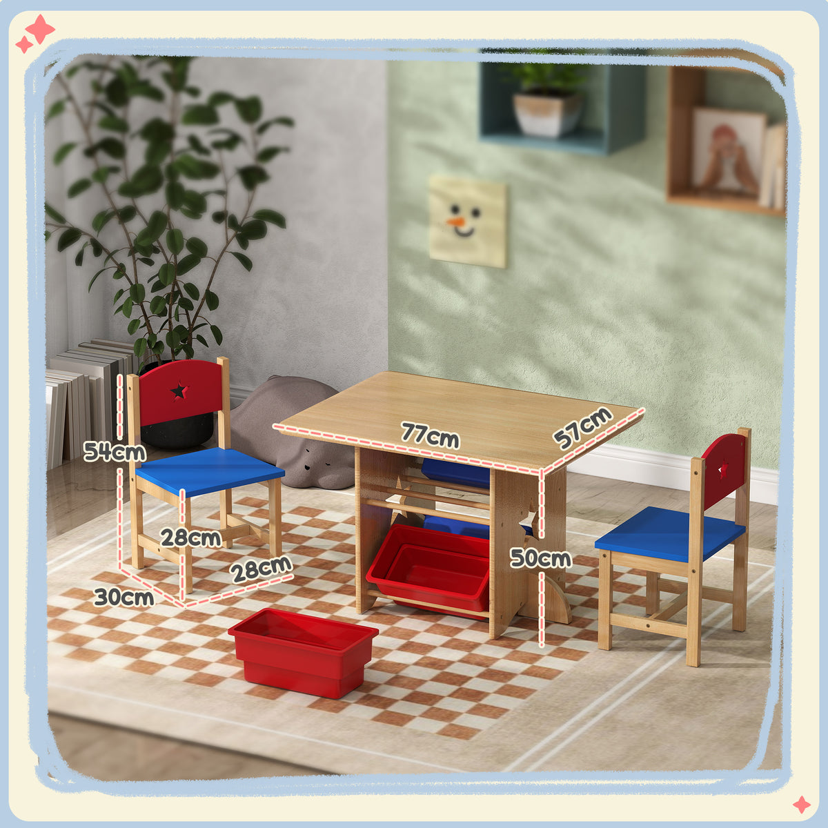 Table enfant avec 2 chaises ensemble table et chaises enfants 3 pièces en bois avec 4 bacs de rangement bois naturel