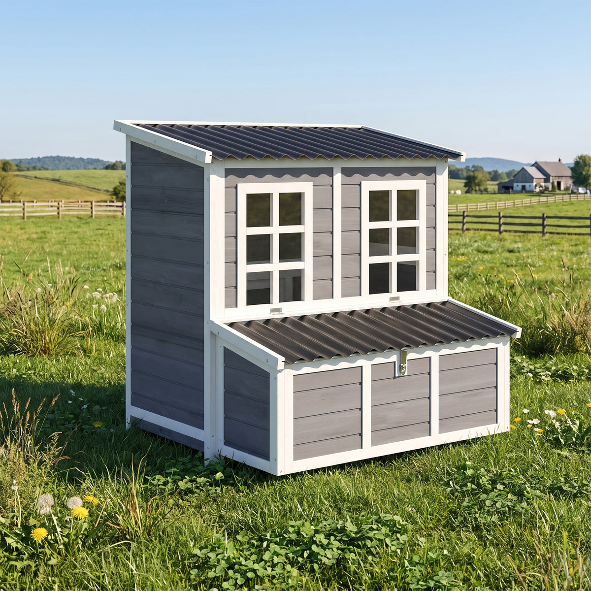 Poulailler en bois XL avec nichoir 3 compartiments tiroir amovible toit imperméable porte-rampe 100x86x100cm gris