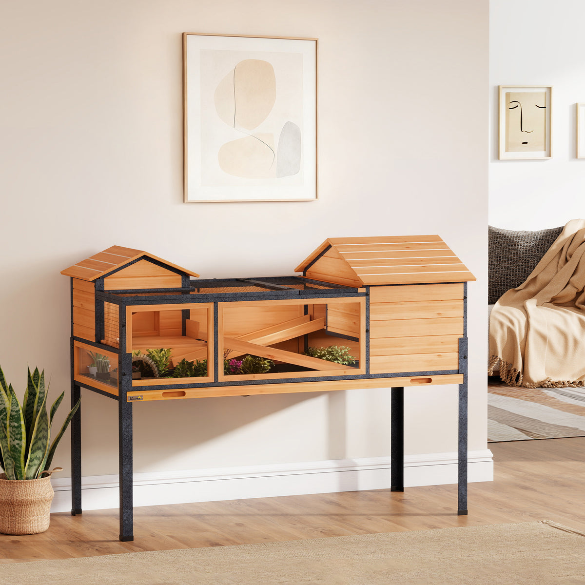 Maison pour tortues à 2 étages 2 chambres fenêtres rampes toit ouvrable et plateau 128 x 63 x 96 cm jaune